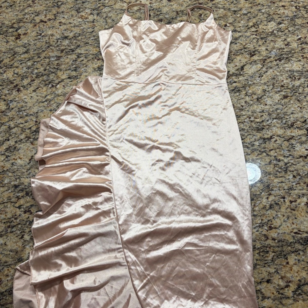 Champagne Pink Satin Ruffle High Low Formal Evening Dress Gown Large
